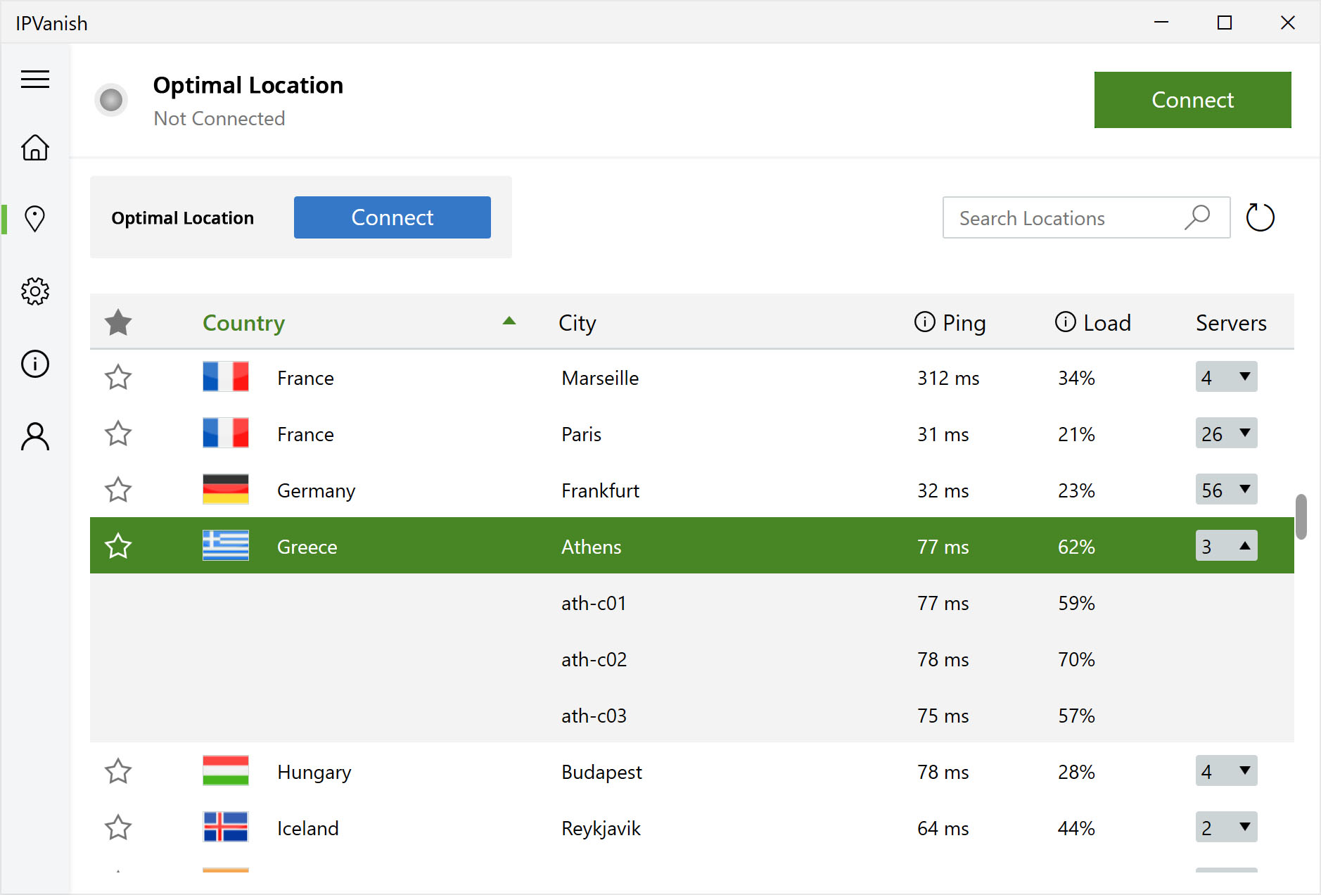 IPVanish UI with servers